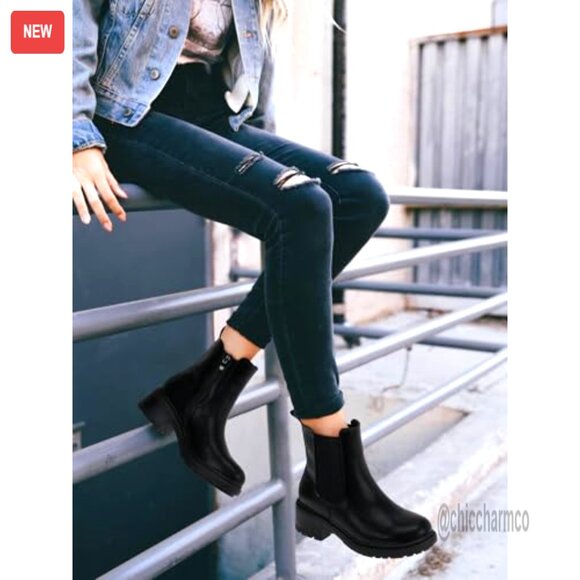 Women's Chelsea Boots Slip On Chunky Heel Platform Ankle Booties Lug Sole - Picture 2 of 7